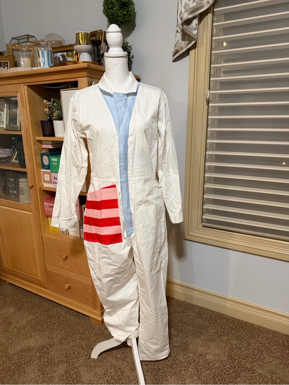 NEW Alex Mill White Jumpsuit with Red Striped Pocket Size Small